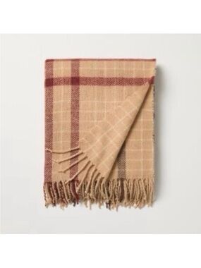Fall Plaid Throw Blanket Blush Brown Red w/ Fringe 60" x 50" Hearth & Hand NWT